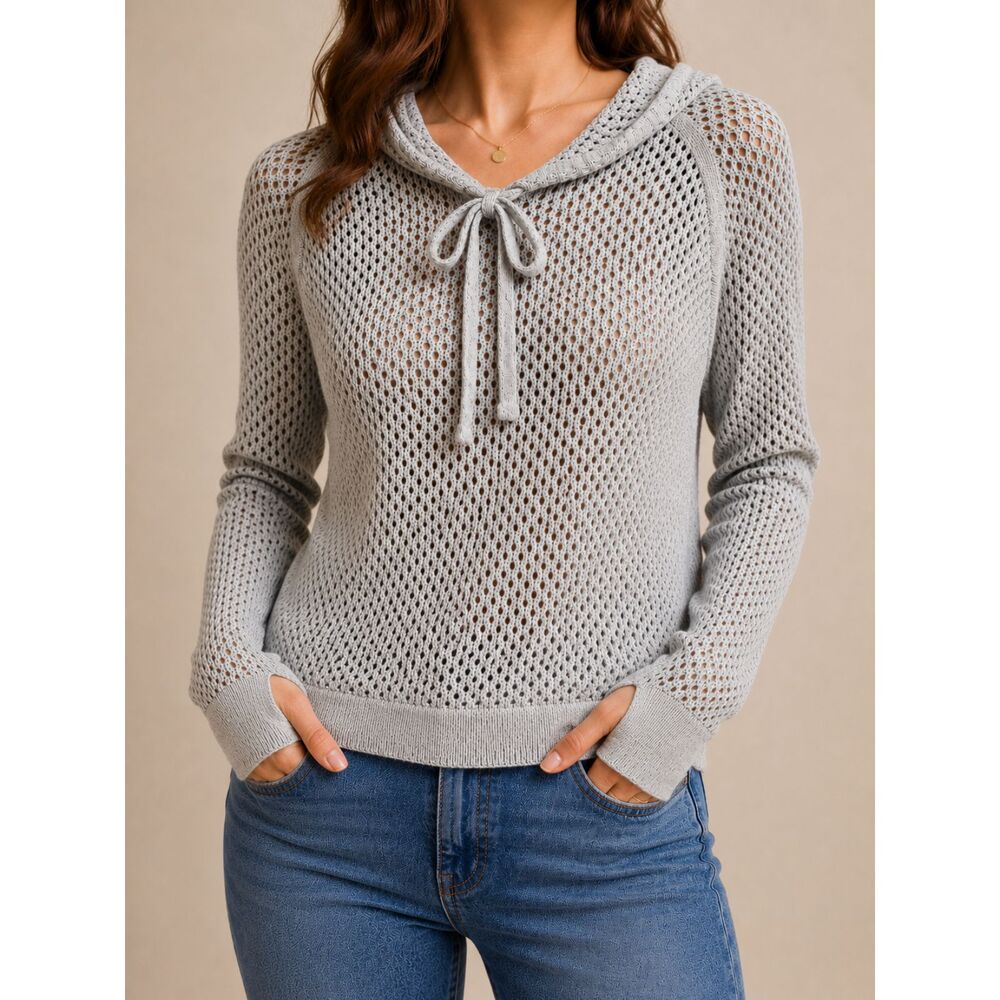PrAna 100% Organic Cotton Open Knit Cowl Neck Sweater Gray M Boho Coastal Chic